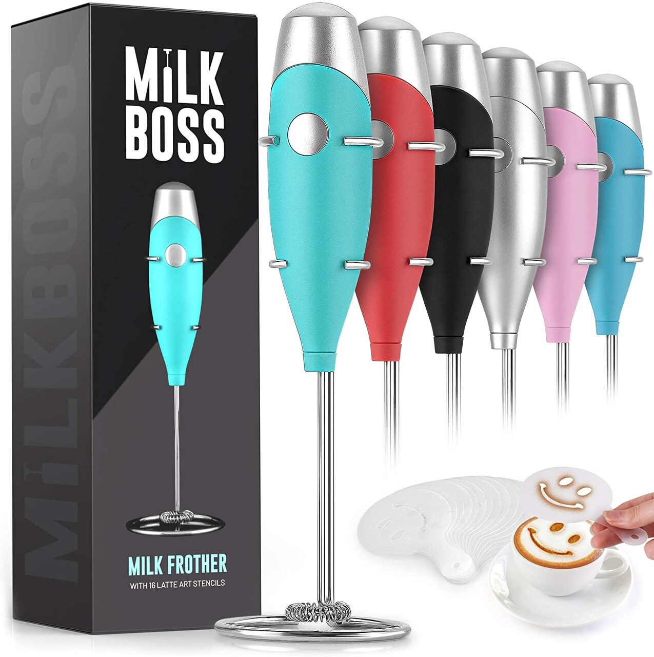 Zulay Milk Boss Mighty Milk Frother Handheld Whisk Mixer With 16-Piece Stencils Smooth Teal